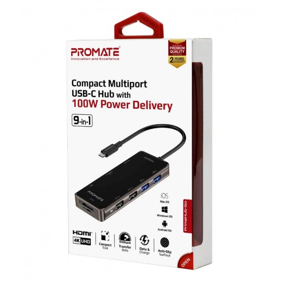 PROMATE PRIMEHUB-GO COMPACT 9-IN-1 MULTIPORT USB-C HUB WITH 100W POWER DELIVERY 
