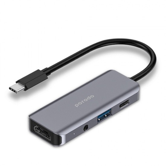 PORODO 4IN1 USB-C HUB TYPE-C PD 100W HDMI ETHERNET USB SD CARD 3.5MM AUX - GREY