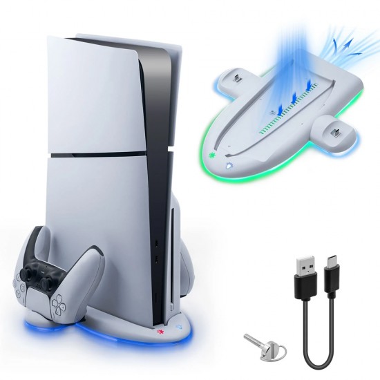 DOBE TP5-3528 TYPE-C 5V 2A WITH RGB COLOR ATMOSPHERE LIGHT CIRCLE FOR PS5 SLIM CONSOLE MULTLFUNCTIONAL COOLING CHARGING DOCK STATION - WHITE