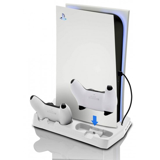 KJH DUAL CONTROLLER CHARGING STAND WITH COOLING FAN FOR PS5 DIGITAL EDITION AND ULTRA HD - WHITE 