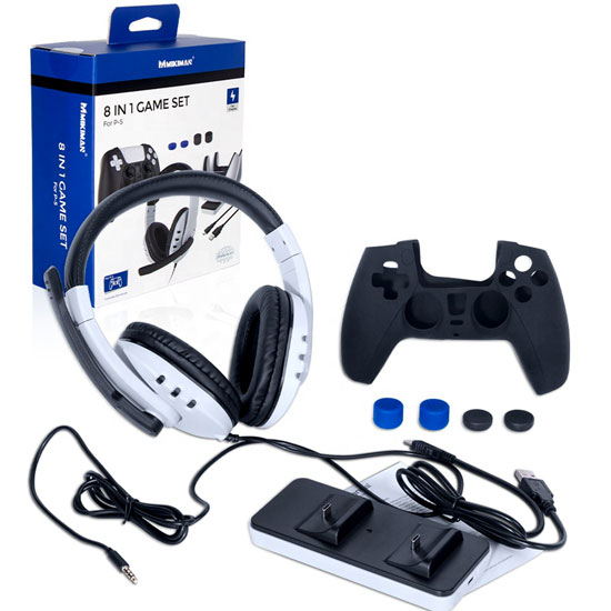 MIKIMAN 8 IN 1 GAME SET FOR PS5 ( CHARGING DOCK - STEREO HEADPHONE - TYPE-C CABLE - HIGH THUMB GRIPS - SILICONE CASE ) 